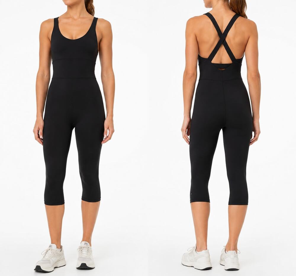 Alo Airbrush Physique Onesie Black Capri Jumpsuit Medium Athleisure Gym Workout